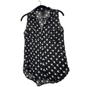 Polka Dotted Top Womens Medium Black Cream Sheer Blouse Sleeveless Button Up